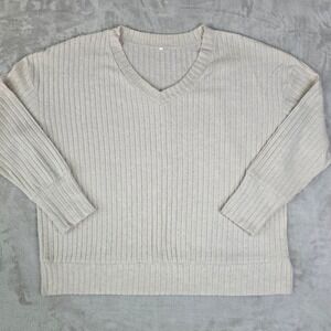 Womens Ribbed V Neck Pullover Top Long Sleeve Casual Beige Soft Brushed Fabric
